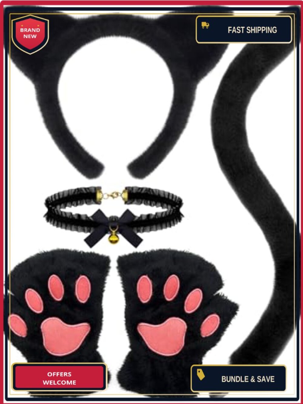 Black Cat Costume Accessories Set Ears Headband Tail Paws Gloves Choker